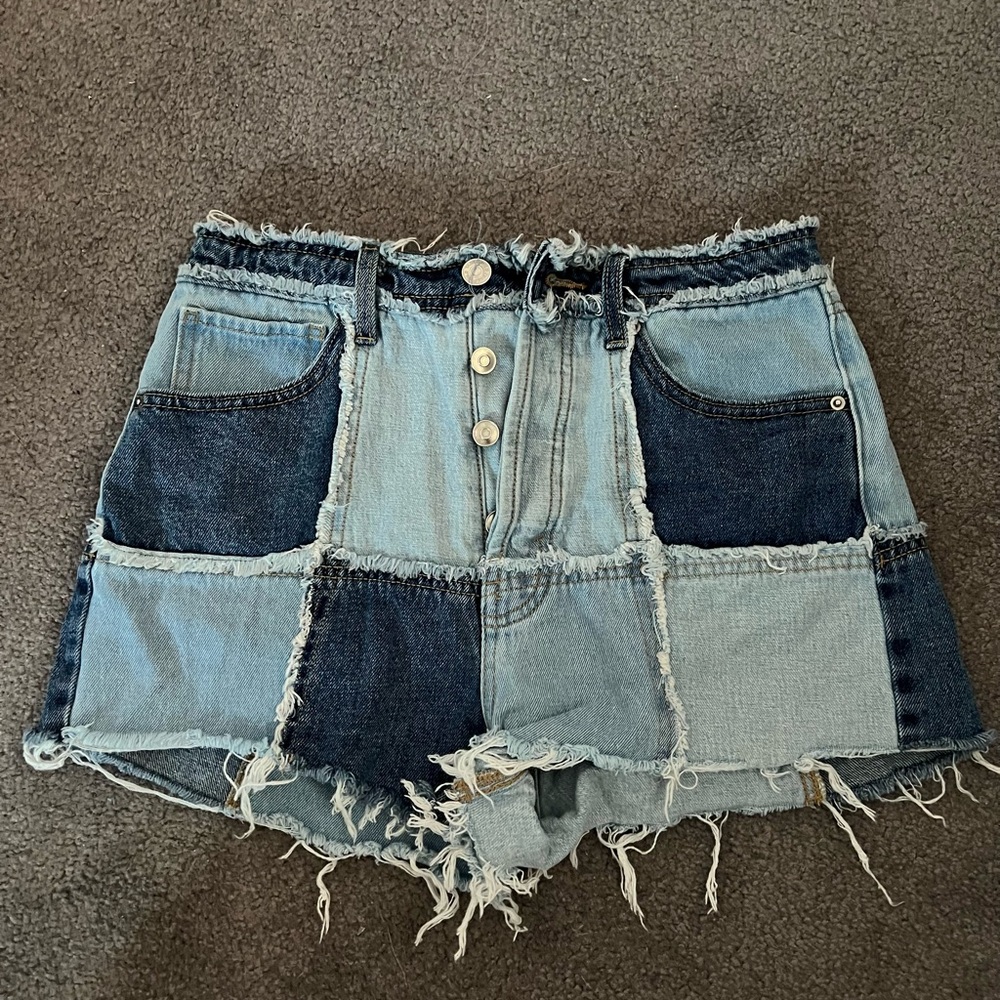 Patchwork Highest Rise Denim Cutoff Shorts